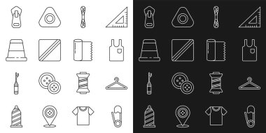 Hat güvenlik iğnesi, elbise askısı, kolsuz tişört, iplik, dikiş deseni dikiş dikmek için yüksük, fermuar ve kumaş rulo ikonu. Vektör