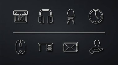 Takvimi ayarla, Bilgisayar faresi, Saat, Zarf, Ofis masası, Kulaklıklar, Arama İnsanları için El ve sandalye simgesi. Vektör