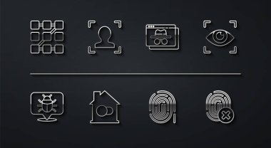Satır Grafik Parola Koruması, Sistem Hatası, Göz Taraması, Parmak izi, Akıllı Ev, Yüz Tanıma, İptal Edilmiş Parmak izi ve Tarayıcı takma isimle pencere simgesini ayarla. Vektör