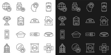 Sabit hat veteriner kliniği, evcil hayvan yemek kasesi, ev, hayvan ayak izli insan, klinik kayıt hayvanı, ödül, dünya ve ikon. Vektör