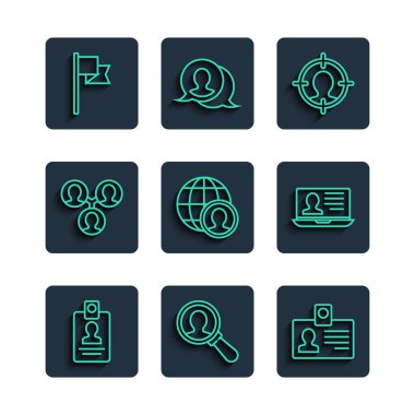 Hat tanımlama rozeti, arama için büyüteç, kafa avcılığı, Globe ve insanlar, Proje ekibi üssü, konum belirleyici ve özgeçmiş ikonlu dizüstü bilgisayar. Vektör