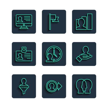 Çizgi başı avcılığı, hesap ekranı, Proje ekibi tabanı, Üretici İnsan, Zaman Yönetimi, Kimlik kartı, Özgeçmiş ve El ile Arama İnsanları simgesi oluşturun. Vektör