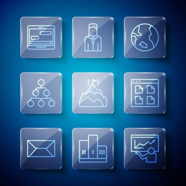 Satır Envelope, Kazanan podyum, Eğitim, Sunum, Dünya küresi, Bayrak Dağları, Hiyerarşi organizogram şeması, Sohbet mesajları dizüstü bilgisayarı ve Tarayıcı dosya simgesi ödülleri. Vektör