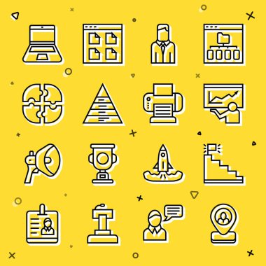 Satır İşçi konumunu ayarla, bitiş bayrağıyla merdiven, eğitim, sunum, piramit grafikleri, bulmaca parçası, dizüstü bilgisayar ve yazıcı simgesi. Vektör