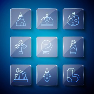 Yağ pompası ya da pompa ayarlayın, roket gemisi, Valenki, Ay, bayrak, Noel eldiveni, Hıristiyan haçı, Çar çanı ve Rus oyuncak bebek ikonu. Vektör