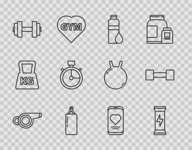 Sabit hat Whistle, Spor beslenme, fitness karıştırıcı, kum torbası, Dumbbell, Stopwatch, kalp atış hızı ve ikon olan mobil. Vektör