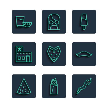 Nachos, Burrito, Snake, Popsicle dondurma, Poncho, Meksika evi, limonlu tekila bardağı ve bıyıklı ikon. Vektör