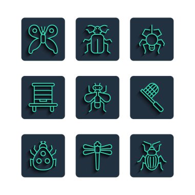 Uğur böceği, yusufçuğu, aşındırıcı böcek, örümcek, böcek, arılar için kovan, kelebek ve ağ ikonu. Vektör