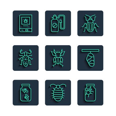 Fireflies böceklerini kavanoza koy, larva böceği, örümcek, böcek, böcek geyiği, kitap hakkında ve kelebek ikonu. Vektör