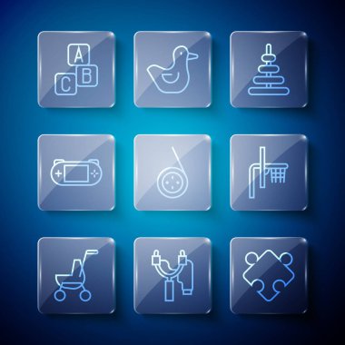 Bebek arabası, sapan, bulmaca parçaları oyuncağı, piramit, Yoyo, taşınabilir video oyun konsolu, ABC blokları ve basketbol arkası ikonu. Vektör