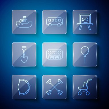 Fiyonk oyuncağı, emici uçlu ok, bebek arabası, tahta, oyuncak piyano, kürek, tekne ve balon kurdele ikonu. Vektör