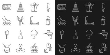 Hat ABC blokları, ışın tabancası, bebek emziği, oyuncak kukla, sapan, paten, piyano ve Scooter ikonu. Vektör
