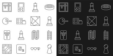 Çizgi çipi masa oyunu için ayarla, Mahjong parçaları, Satranç, Oyuncak yapı tuğlaları, Pacman ile yemek, Bingo ve Rubik küp simgesi. Vektör