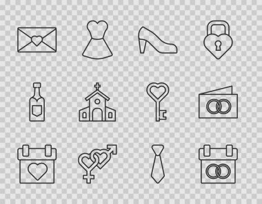 Takvim, Kadın Ayakkabısı, Cinsiyet, Sevgililer Günü Kalpli Zarf, Kilise Binası, Kravat ve Tebrik kartı ikonu. Vektör