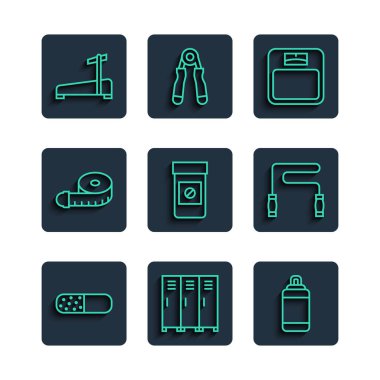 Vitamin hapı, dolap ya da soyunma odası, kum torbası, banyo terazisi, anabolik uyuşturucu, mezura, koşu bandı makinesi ve ip atlama ikonu. Vektör