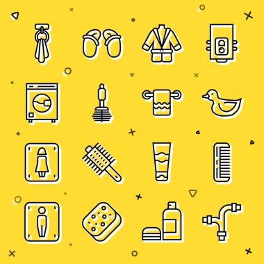 Metalik borular, saç fırçası, lastik ördek, bornoz, tuvalet, çamaşır makinesi, havlu ve ikon. Vektör