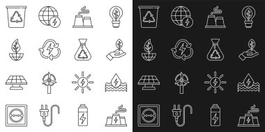 Elektrik santrali fabrikası, su enerjisi, fabrika, fabrika, geri dönüşümlü pil, toprak küresi yaprağı, geri dönüşüm kutusu ve çöp poşeti ikonu. Vektör