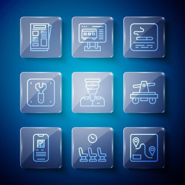 E-bilet hattı, bekleme odası, güzergah, sigara içme alanı, tren kondüktörü, demiryolu tamiri, Haber ve Draisine el arabası ikonu. Vektör