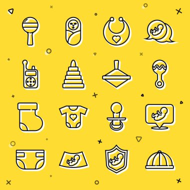 Bebek şapkası, çıngıraklı bebek oyuncağı, önlük, piramit, telsiz monitörü ve girdap simgesi. Vektör