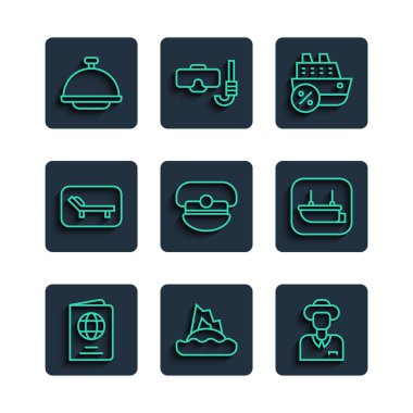 Sabit pasaport, okyanustaki tropikal ada, turist, yolcu gemisi, Kaptan şapkası, güneş yatağı şemsiyesi, tepsi ve filika ikonu ile kaplı. Vektör