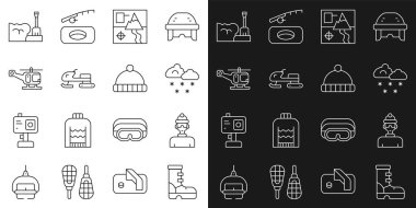 Hattı su geçirmez lastik bot, kış sporcusu, karlı bulut, katlanmış harita, kar aracı, kurtarma helikopteri, kar küreği ve şapka ikonu. Vektör