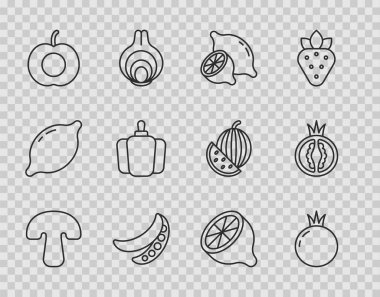 Sabit çizgi mantar, domates, limon, yeşil bezelye, şeftali, biber ve ikon. Vektör