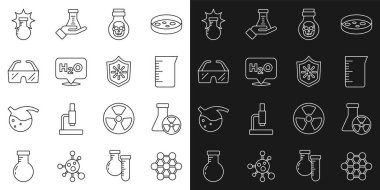 Molekül hattı, test tüpü radyasyonu, laboratuvar cam kaplaması ya da deney tüpü, şişedeki zehir, H2O 'nun kimyasal formülü, güvenlik gözlüğü gözlüğü, patlama ve virüs ikonundan koruma. Vektör