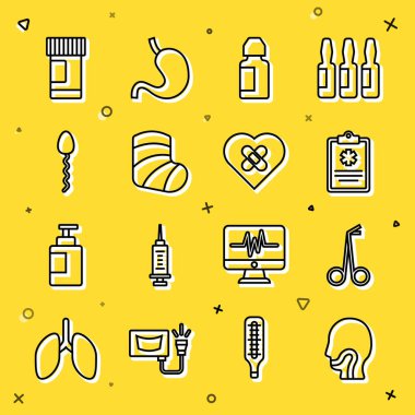 Boğaz ağrısı, tıbbi makas, klinik kayıt, göz damlası şişesi, alçı taşı, sperm, ilaç ve ilaç ve iyileşmiş kalp ikonu. Vektör