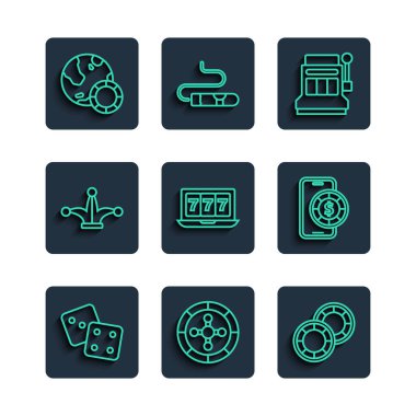 Set hattı oyun zarları, kumarhane ruleti, çipler, kumar makinesi, piyangoyla online yuva, Joker iskambil kartı ve poker masası ikonu. Vektör