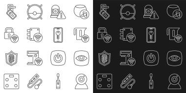 Hat kamerası, güvenlik, akıllı elektrikli su ısıtıcısı, alarm zili, dijital kapı kilidi ve anahtar simgesi. Vektör