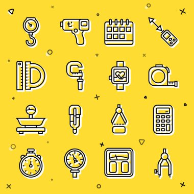 Çizgi çizim pusulayı, hesap makinesini, rulet inşaatını, takvimi, mikrometreyi, açıölçeri ve cetveli, el ölçeği mekanik ve akıllı saat simgesini ayarla. Vektör