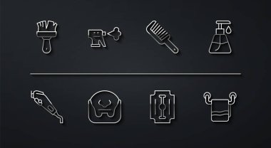 Tıraş fırçası, elektrikli saç makası, krem kozmetik tüp, jilet, bıyık ve sakal, saç spreyi şişesi, askıda havlu ve saç fırçası ikonu. Vektör