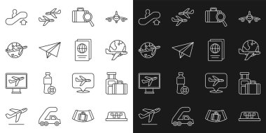 Taksi durağı, bavul, uçan uçakla Globe, kayıp bagaj, kağıt uçak, yürüyen merdiven ve pasaport ikonu. Vektör