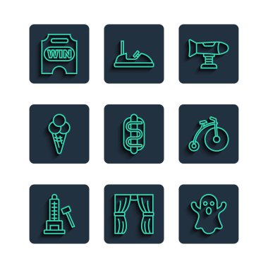 Çekiçli Striker Cazibesi, Sirk perdeleri yükseliyor, Hayalet, Swing uçağı, Hotdog sandviçi, Dondurmalı waffle konisi, bilet ve klasik bisiklet ikonu. Vektör