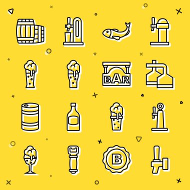 Bira musluğu, demleme işlemi, kurutulmuş balık, bir bardak bira, tahta fıçı ve Bar ikonlu sokak tabelası. Vektör