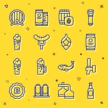 Bira şişesi, tap, konserve, tahta fıçı, çatalda sosis, bir bardak bira ve Hop ikonu. Vektör