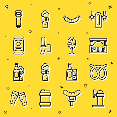 Dispenser birası, Pretzel, içinde Pub, Sausage, Beer tap, Can, şişe açacağı ve bir bardak ikon olan tabela. Vektör