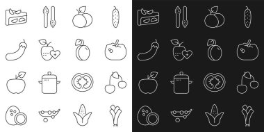 Pırasa, kiraz, balkabağı, mango meyvesi, sağlıklı, patlıcan, ev yapımı turta ve erik ikonu. Vektör