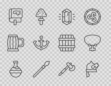 İksirli bir şişe, boynuzlu miğferli bir Viking, değerli taş, ortaçağ mızrağı, kitap, dayanak noktası, tahta balta ve kolye ikonu. Vektör