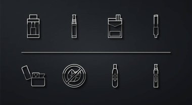 Vape mod cihazı, çakmak, sigara, elektronik sigara, tütün yaprağı yok ve sigara kutusu simgesi. Vektör