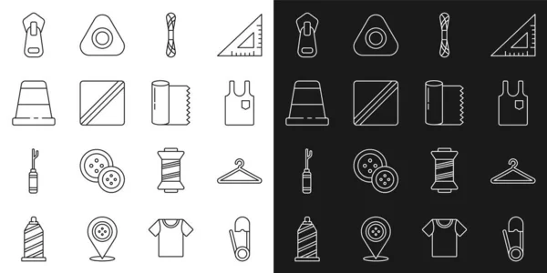 Set line Veiligheidspeld, hanggarderobe, mouwloos T-shirt, garen, naaipatroon, vingerhoed voor naaien, ritssluiting en textiel rolpictogram. Vector — Stockvector