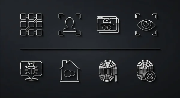Ställ in linje Grafiskt lösenordsskydd, Systemfel, Eye scan, Fingerprint, Smart home, Ansiktsigenkänning, Inställt fingeravtryck och Browser inkognitofönster ikonen. Vektor — Stock vektor