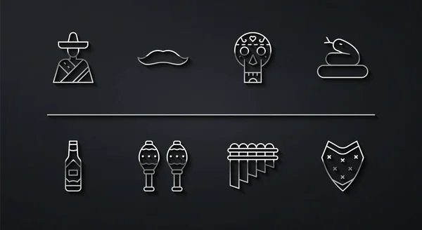 Set line Mexican man sombrero, Tabasco sauce, Snake, Pan flute, Maracas, Mustache, Poncho and skull icon. Vector — стоковий вектор