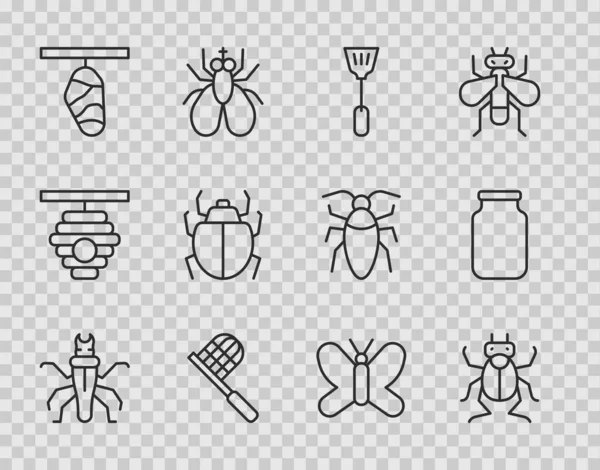 Set line Termite, Beetle bug, Fly swatter, Butterfly net, cocoon, Mite, and Glass jar icon. Vector — Vettoriale Stock