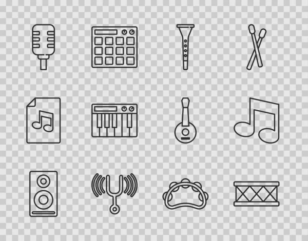Set line Stereo speaker, Drum, Klarinet, Muzikale stemvork, Microfoon, synthesizer, tamboerijn en noot, toon icoon. Vector — Stockvector