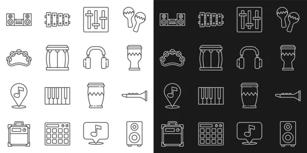 Set line Stereo speaker, Clarinet, Drum, Sound mixer controller, Tambourine, Home stereo and Headphones icon. Vector — Archivo Imágenes Vectoriales