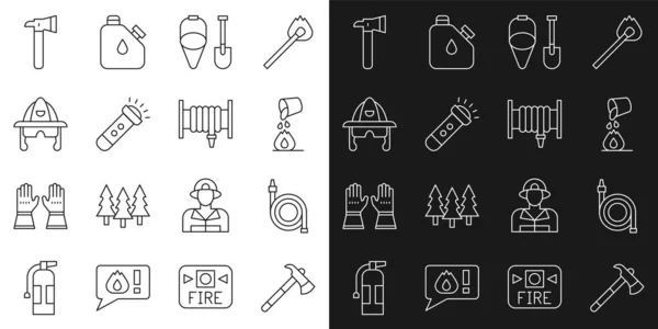 Set line Firefighter axe, hose reel, Bucket extinguishing fire, shovel and bucket, Flashlight, helmet, and icon. Vector — Image vectorielle