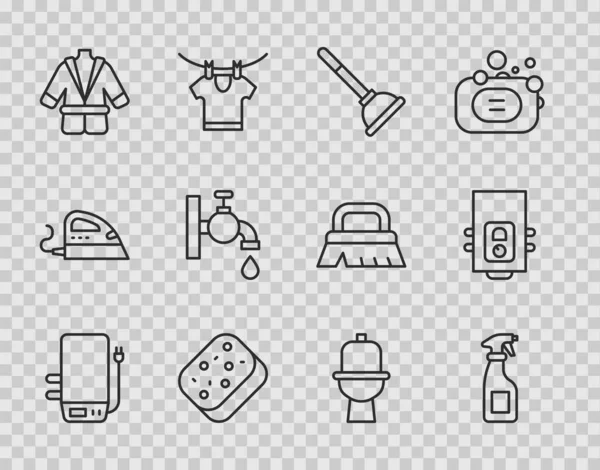 Set line Electric boiler, Cleaning spray bottle, Rubber plunger, Sponge, Bathrobe, Water tap, Toilet bowl and Gas icon. Vector — Image vectorielle