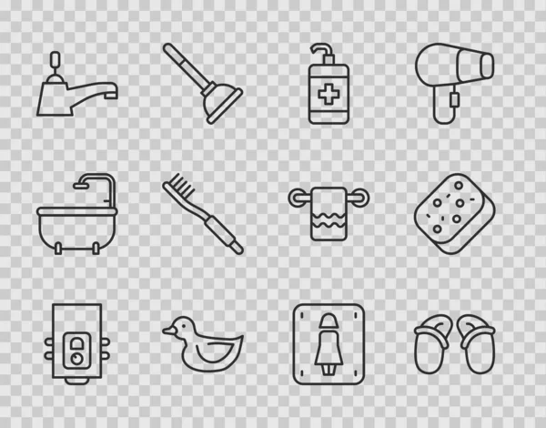 Set line Gasketel, Slippers, Handreiniger fles, Rubber eend, Waterkraan, Tandenborstel, Vrouwelijk toilet en Sponge icoon. Vector — Stockvector