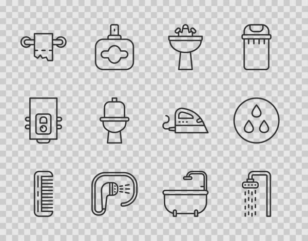 Set line Hairbrush, Shower, Washbasin with water tap, Toilet paper roll, bowl, Bathtub and Water drop icon. Vector — стоковый вектор